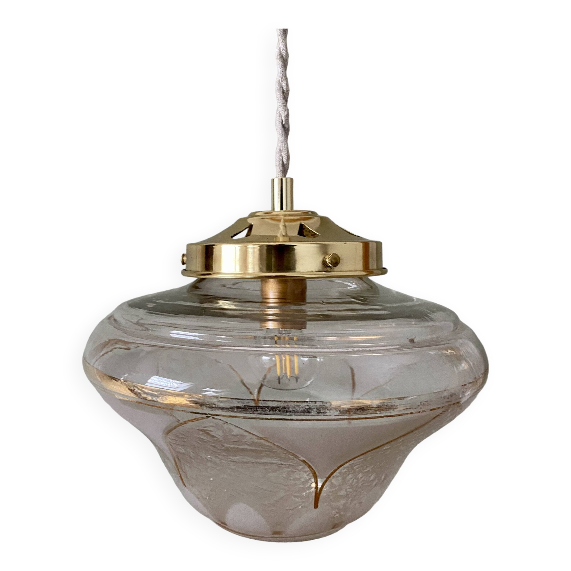 Vintage art deco globe pendant lights in white and gold frosted glass