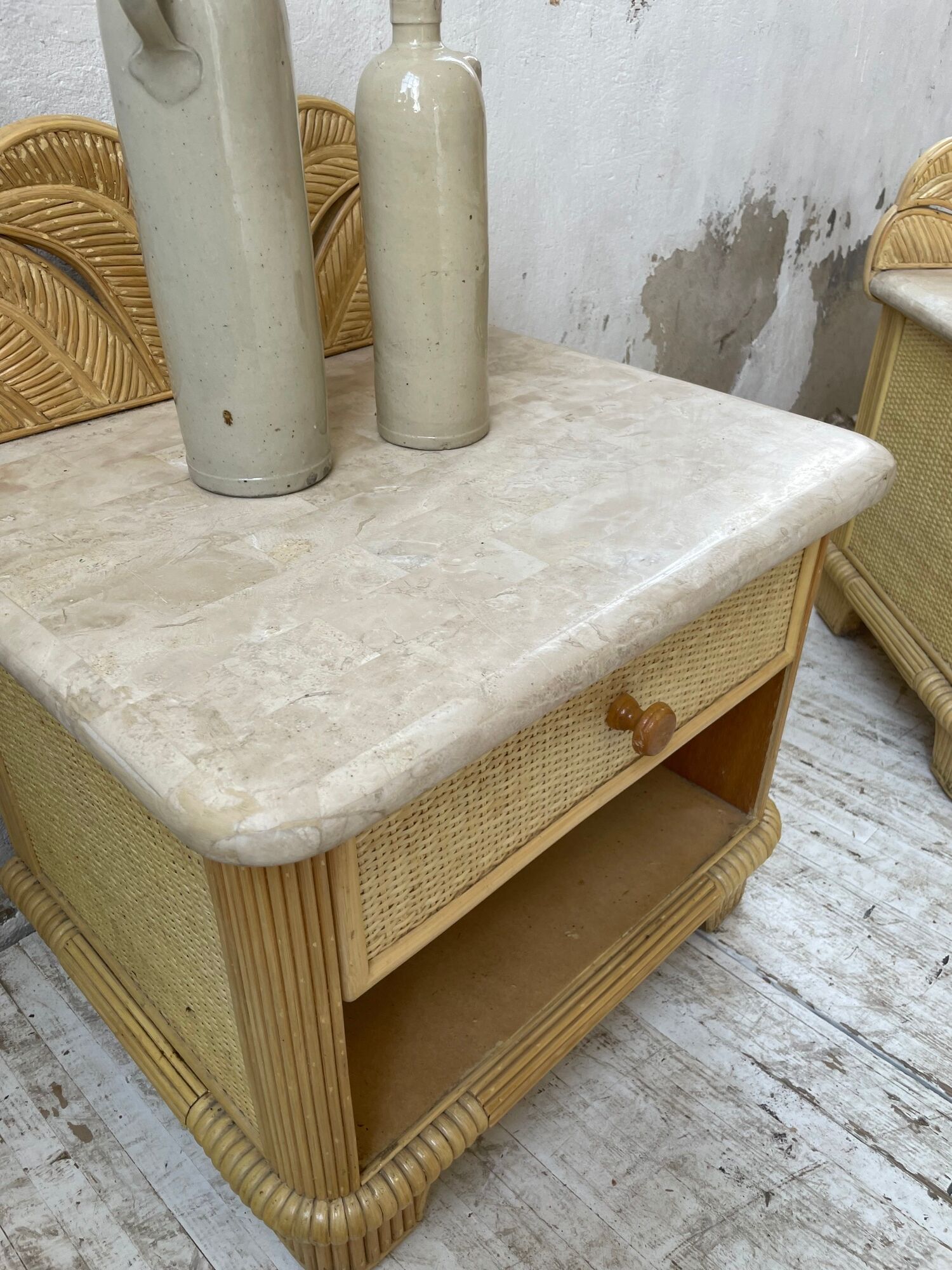 Pair of travertine bedside and rattan palm tree "vivai del sud"