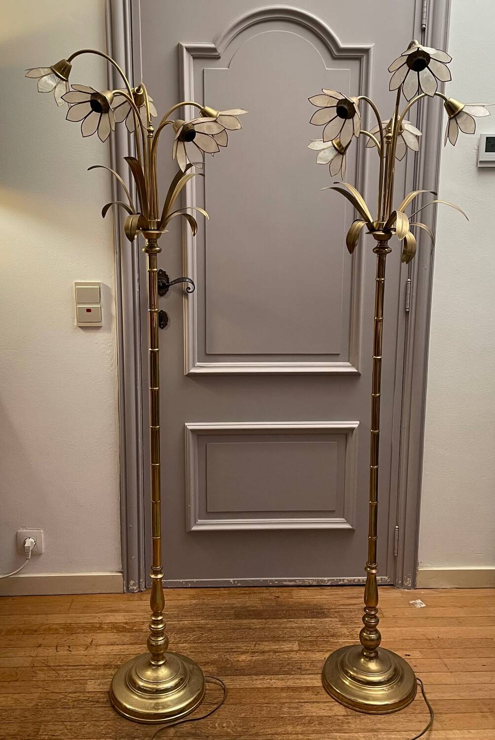 Set of two Maison Jansen style brass floor lamps from 1980.