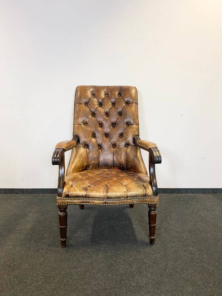 Antique Chesterfield Wing Chair with Stool and English Side Table