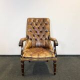 Antique Chesterfield Wing Chair with Stool and English Side Table
