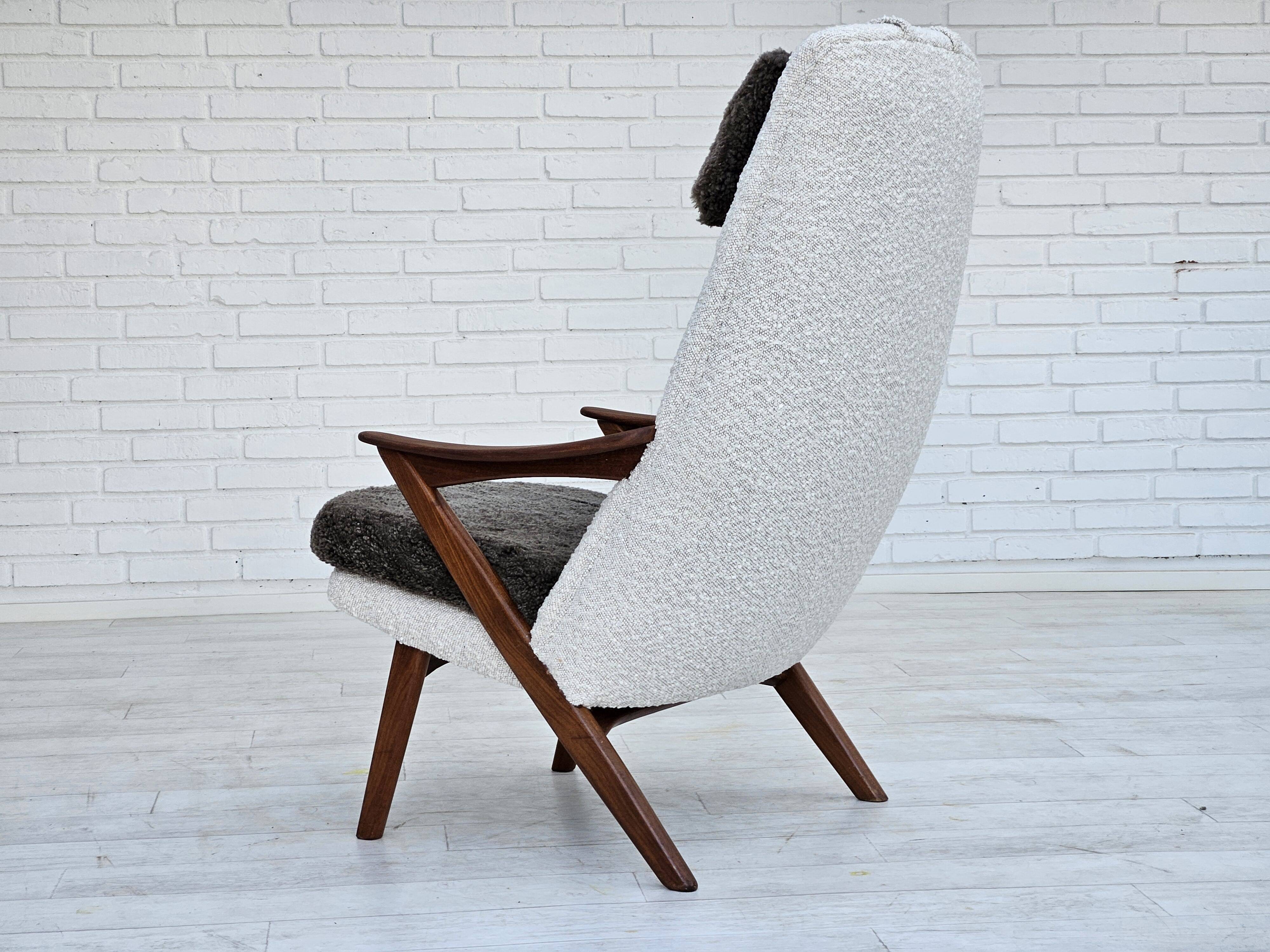 1960s, Scandinavian design, reupholstered armchair, furniture fabric, genuine sheepskin, teak.