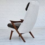 1960s, Scandinavian design, reupholstered armchair, furniture fabric, genuine sheepskin, teak.