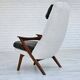 1960s, Scandinavian design, reupholstered armchair, furniture fabric, genuine sheepskin, teak.