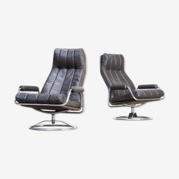 70s leather lounge fauteuil swivel chair set/2