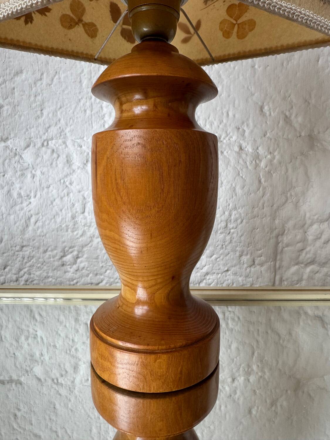 Turned wood lamp with a herbarium lampshade from the 1970s.