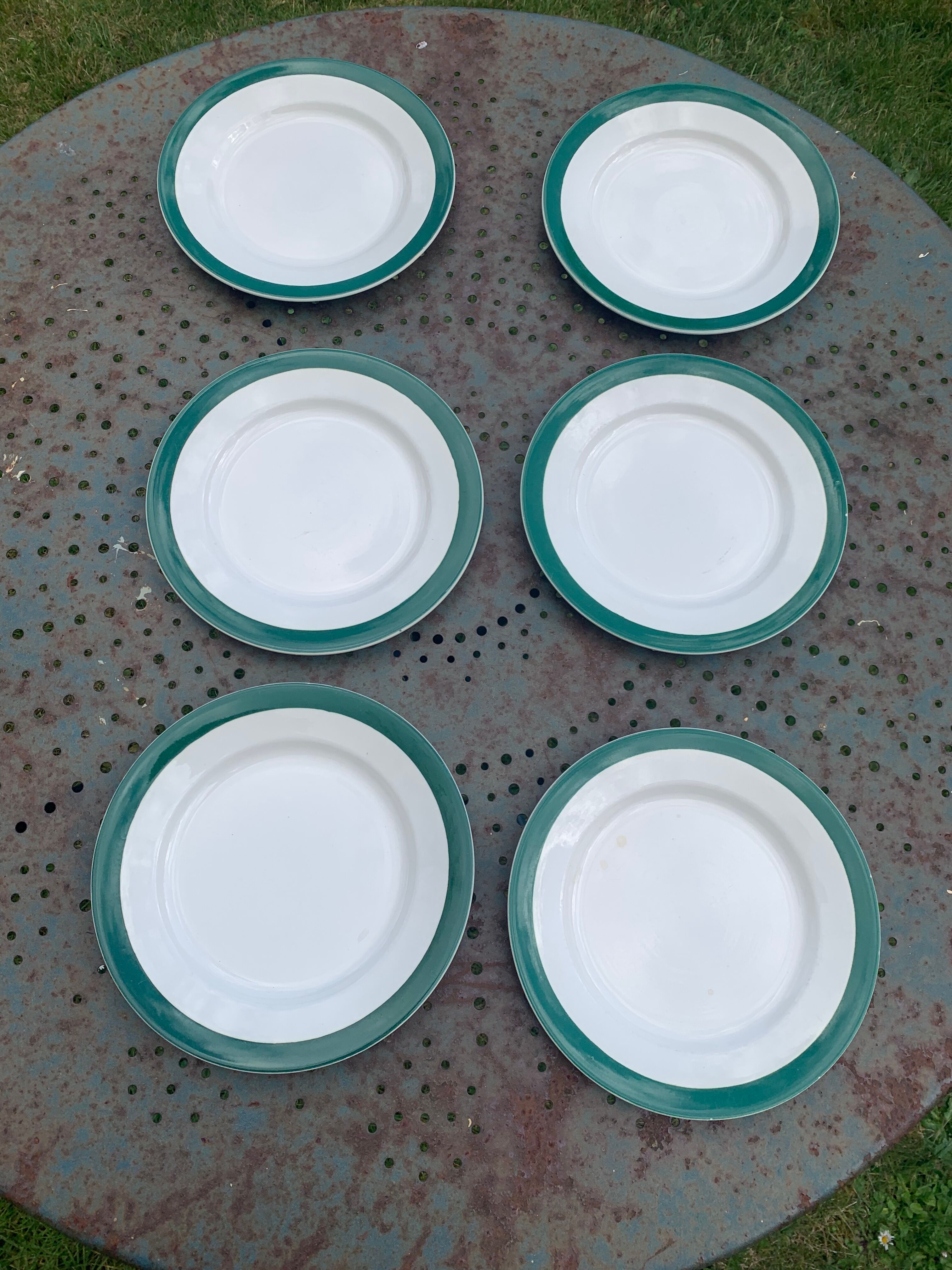 6 flat plates in white earthenware and green edging Digoin Sarreguemines vintage