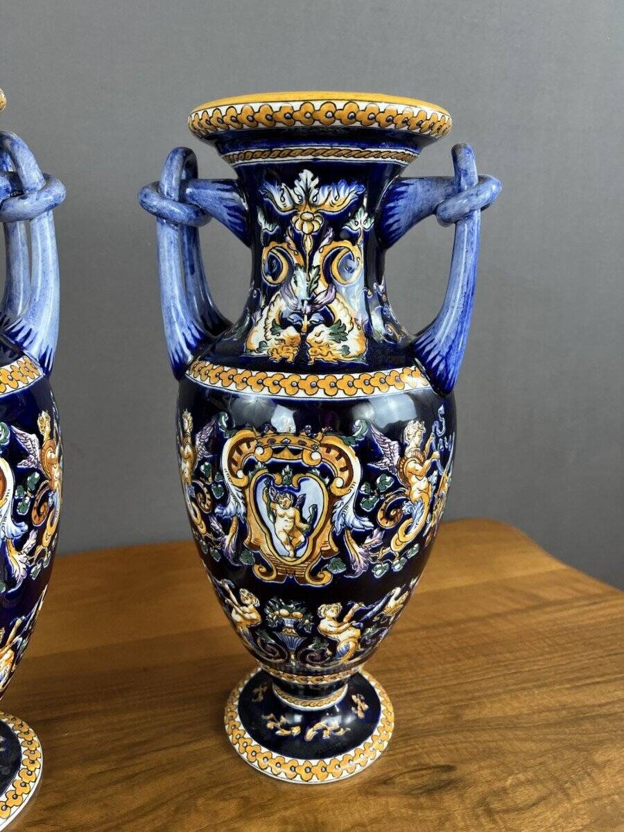 Pair of Gien Ceramic Vases Magnificent Renaissance Decor 20th Century