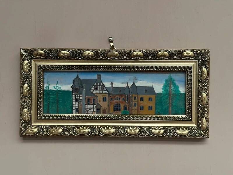Original woodcut art “Buildings II” by unknown artist, vintage & framed 34×16cm