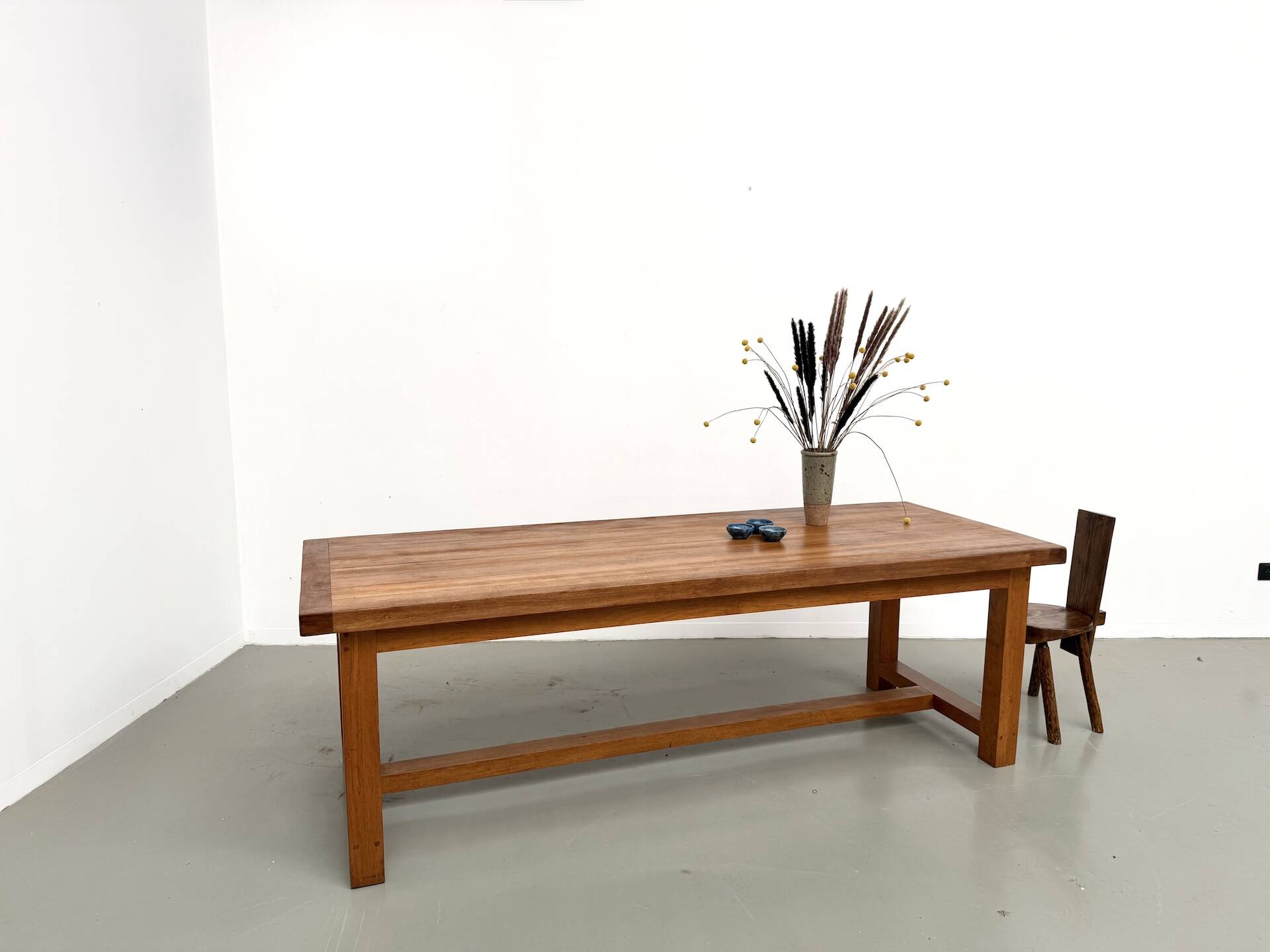 Large modernist farmhouse table in solid beech, thick dowelled top.