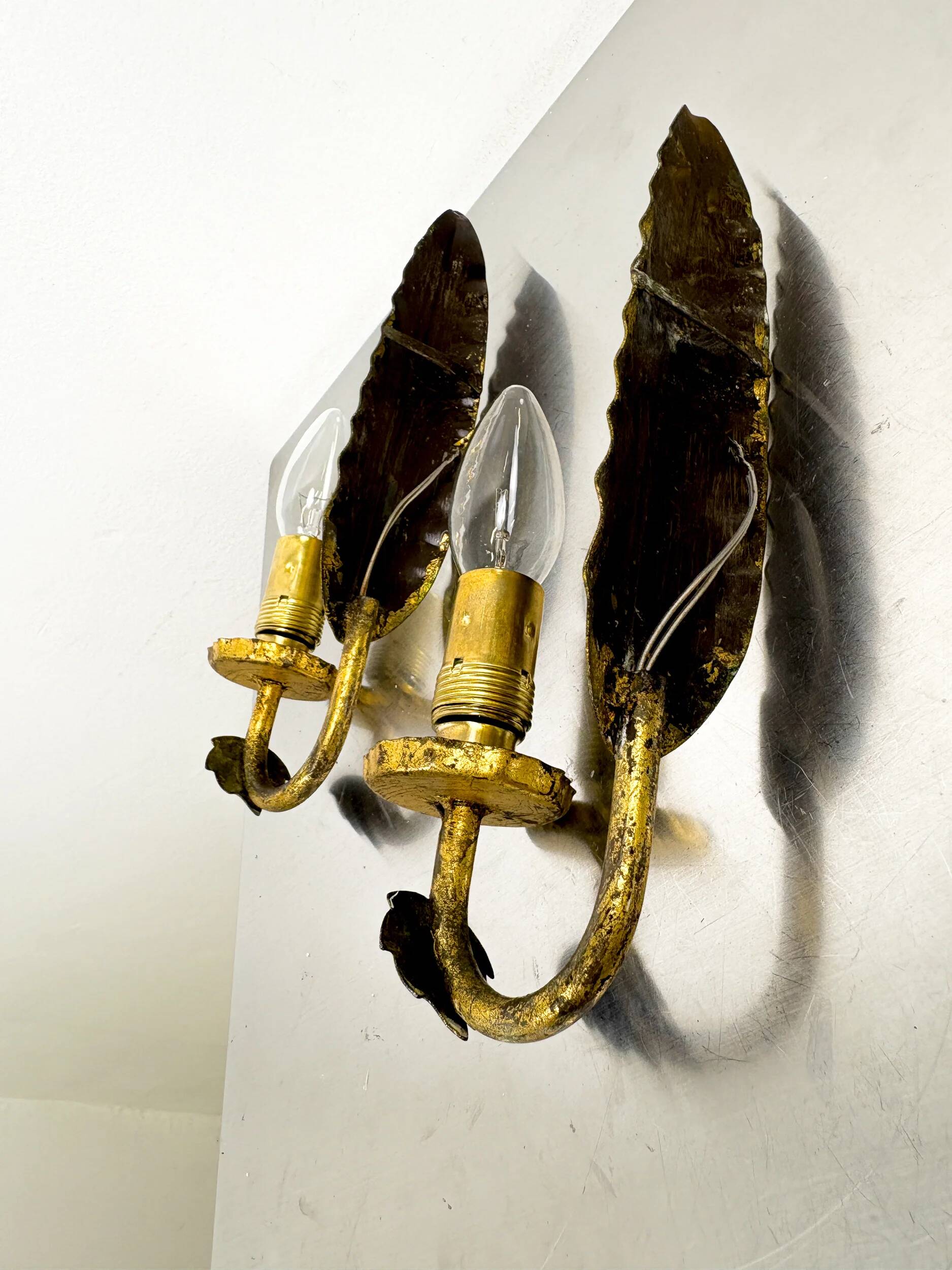 Pair of Spanish foliage wall sconces, leaf arms & bud shades, gilt iron, 1970s