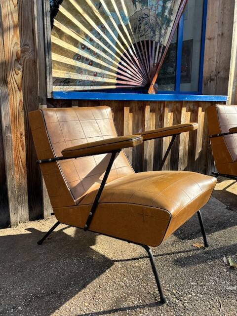 4 camel faux leather armchairs, 1950s