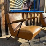 4 camel faux leather armchairs, 1950s