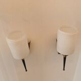 Pair of brass and opaline wall lights