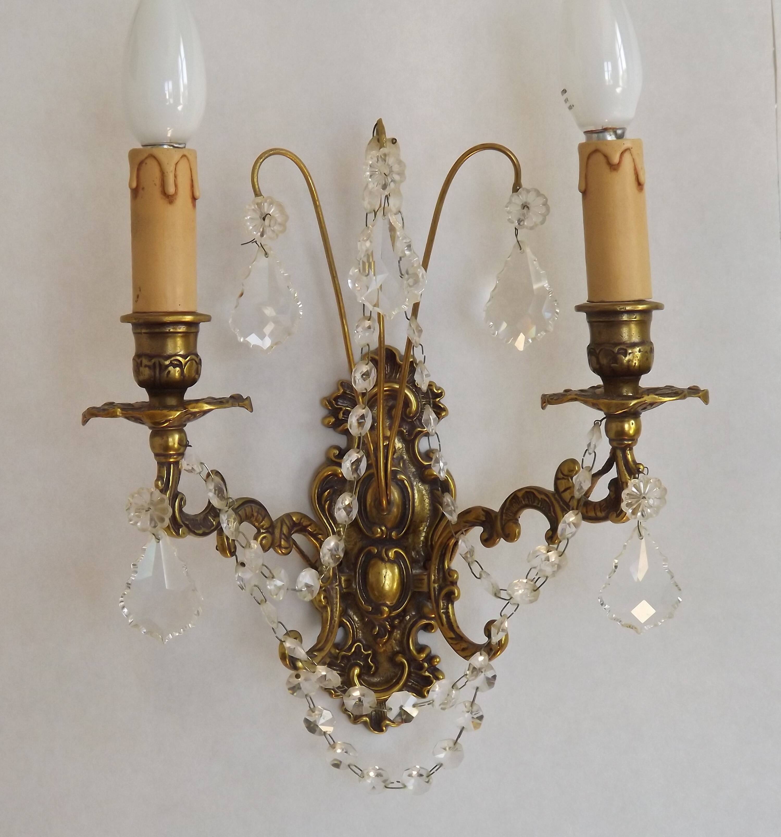 Pair of French Baroque Double Bronze Crystal Wall Lights Glass Bead Swags