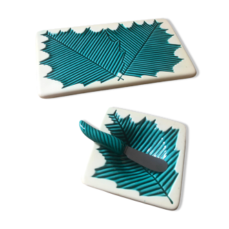 Set tray, butter maker and its porcelain knife foliage pattern