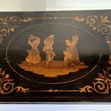 Sorrento marquetry box with a scene of three dancers in a medallion.