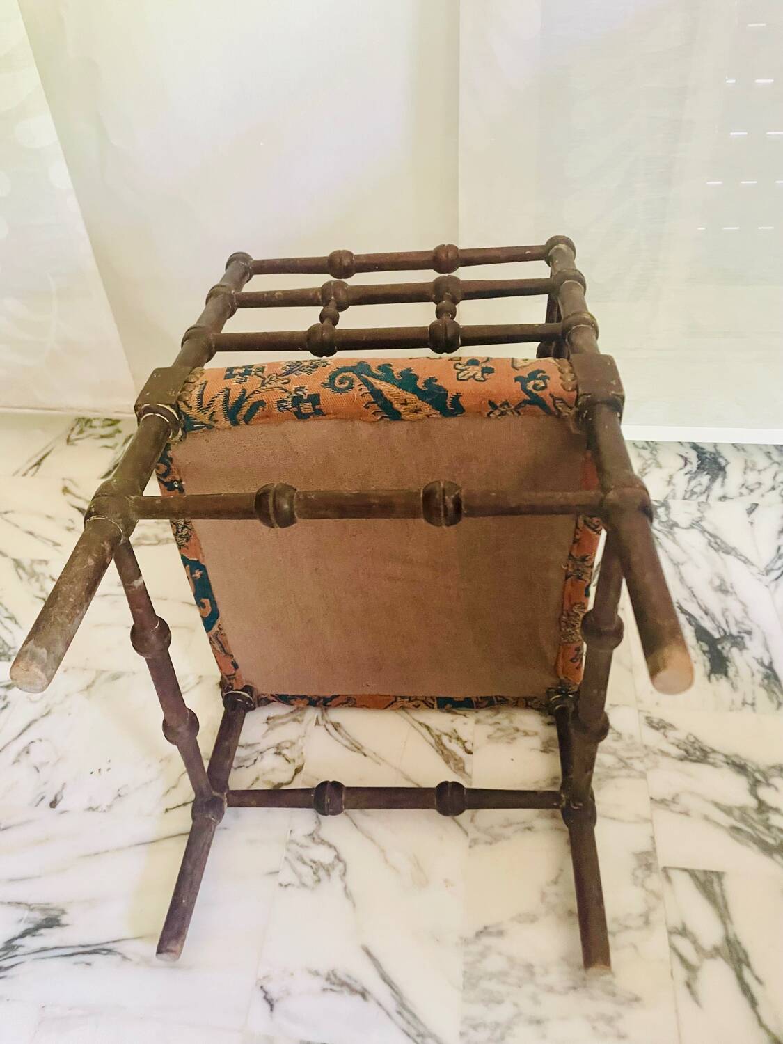 Vintage Art Deco corner chair in bobbin wood and fabric, circa 1930