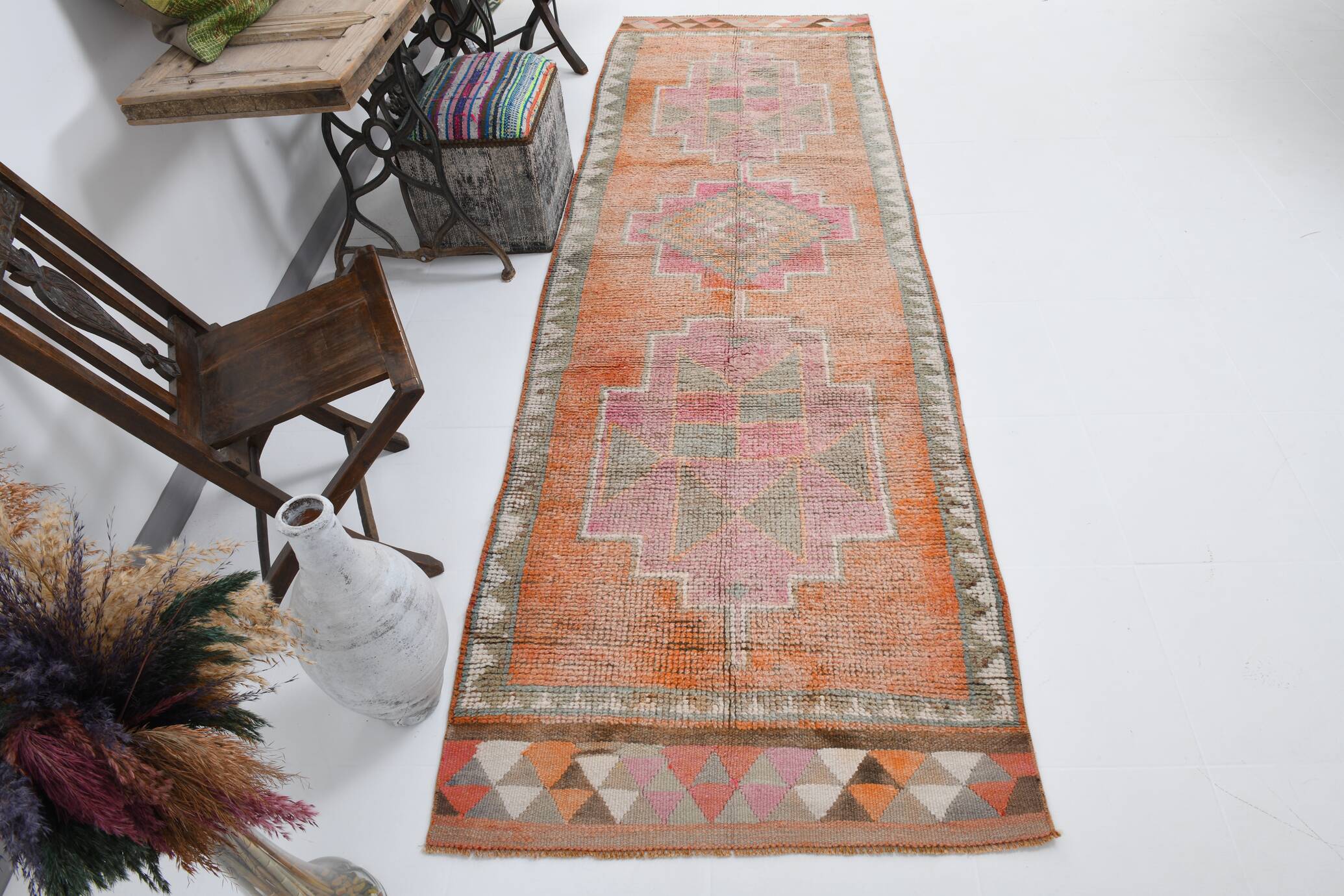 3x10 Orange Brown Handmade Wool Vintage Runner Rug, 103x323Cm SK 18245
