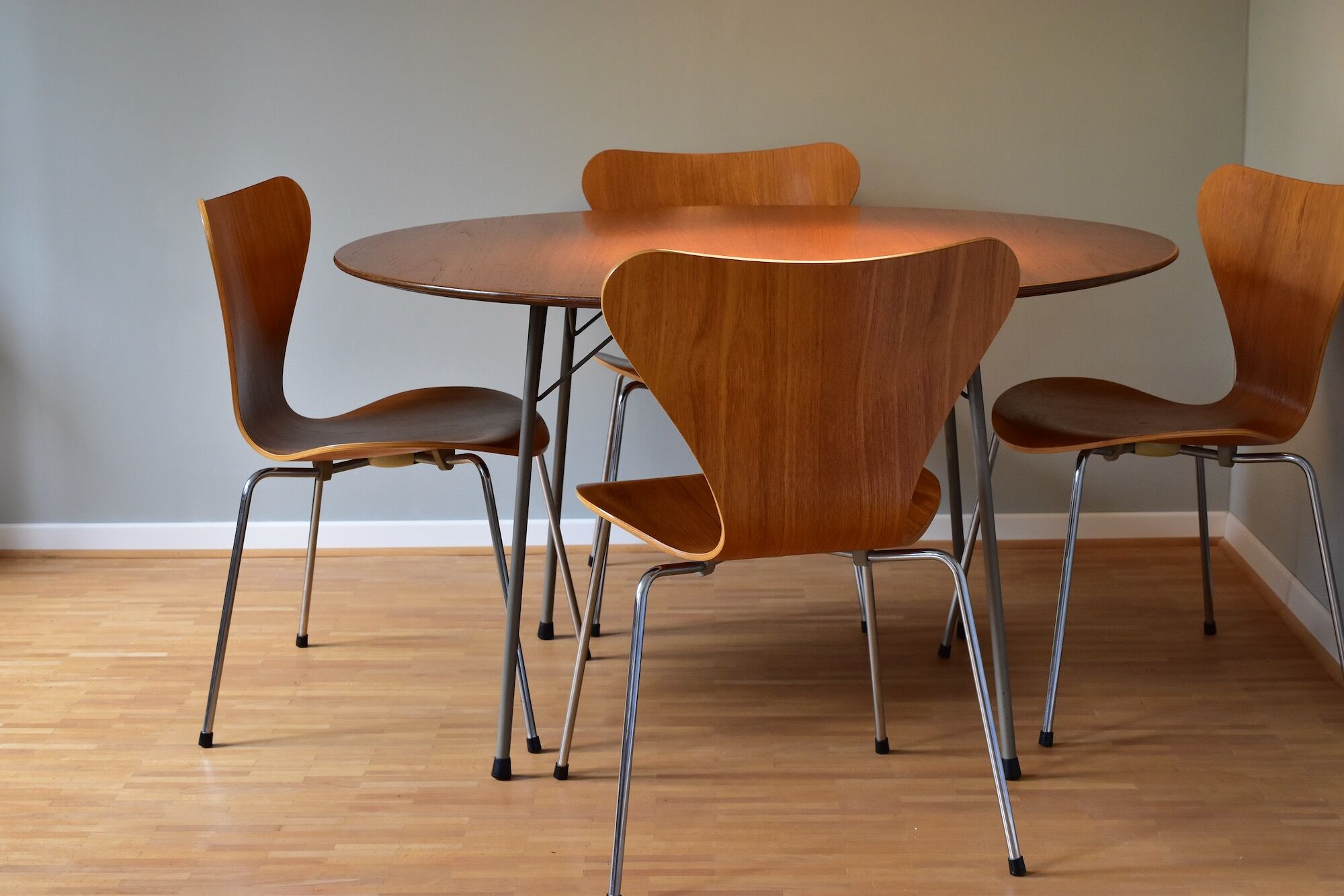 Set of Four Teak 3107 Dining Chairs by Arne Jacobsen for Fritz Hansen Denmark