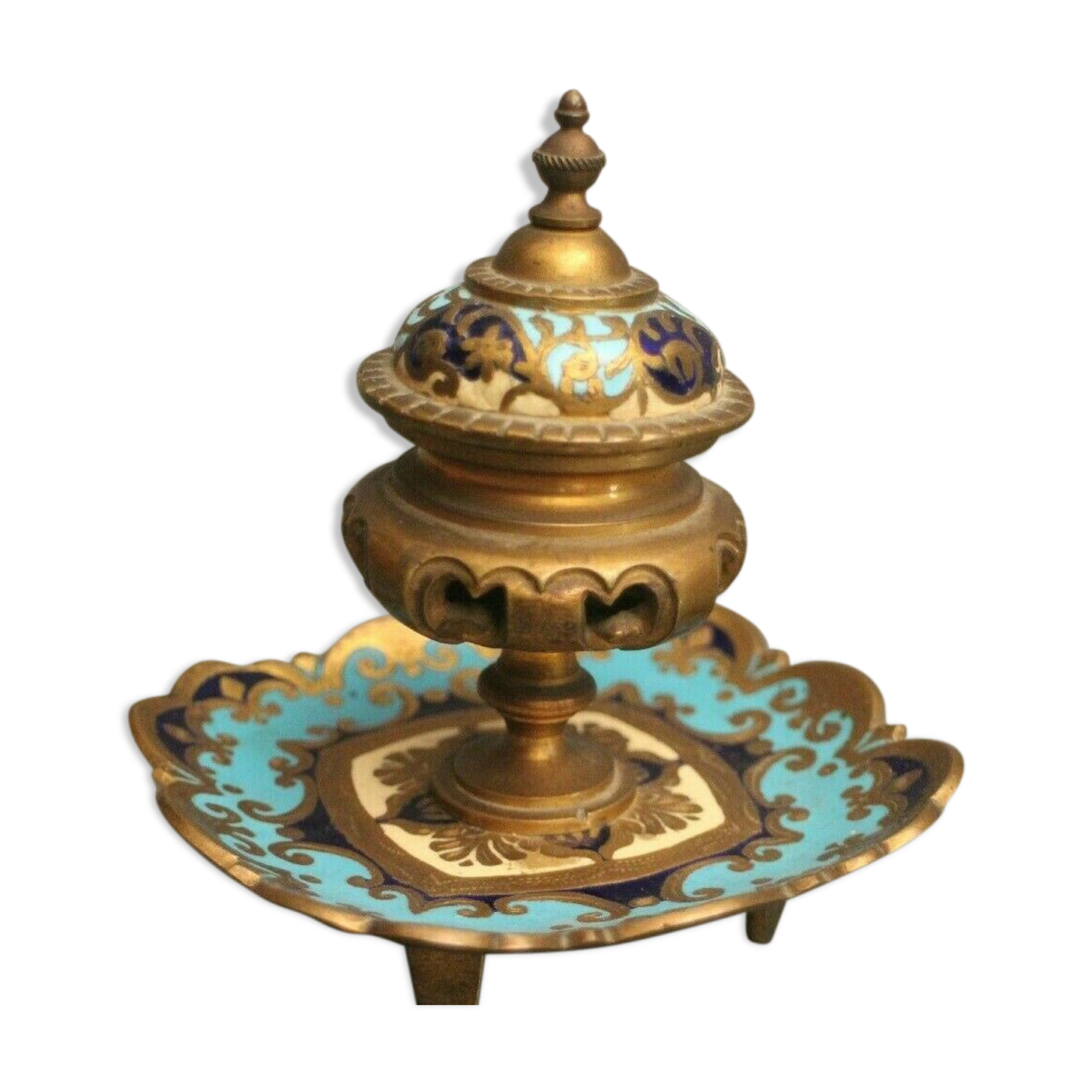 Enamel inkwell partitioned on bronze early 20th
