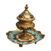 Enamel inkwell partitioned on bronze early 20th