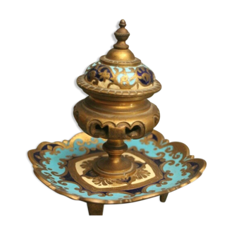 Enamel inkwell partitioned on bronze early 20th