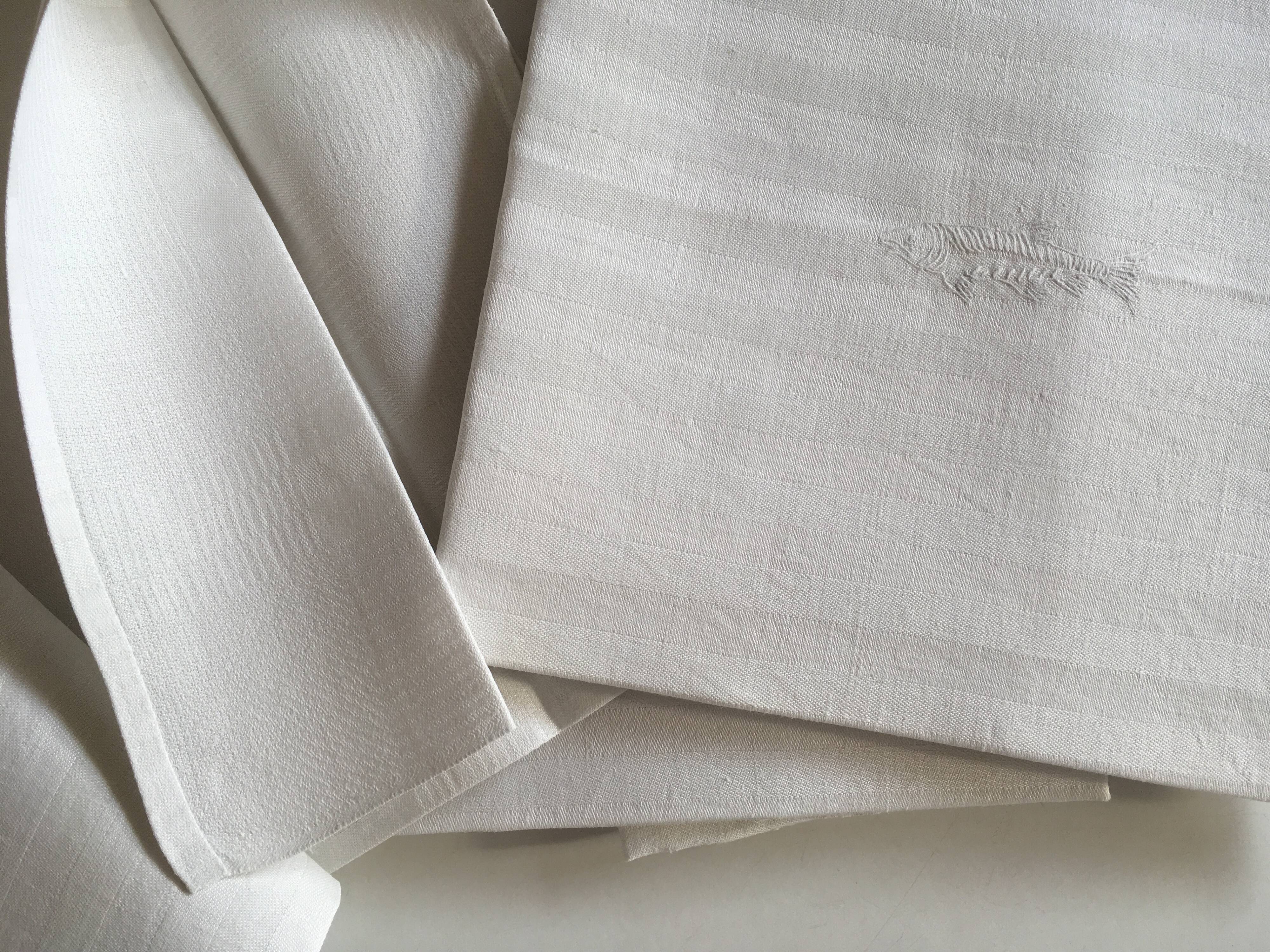 set of 6 19th damask linen napkins embroidered to a fish