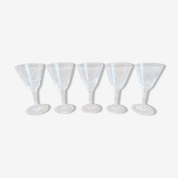 Set of 5 crystal foot glasses conical shape chiseled vintage