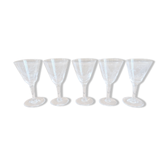 Set of 5 crystal foot glasses conical shape chiseled vintage