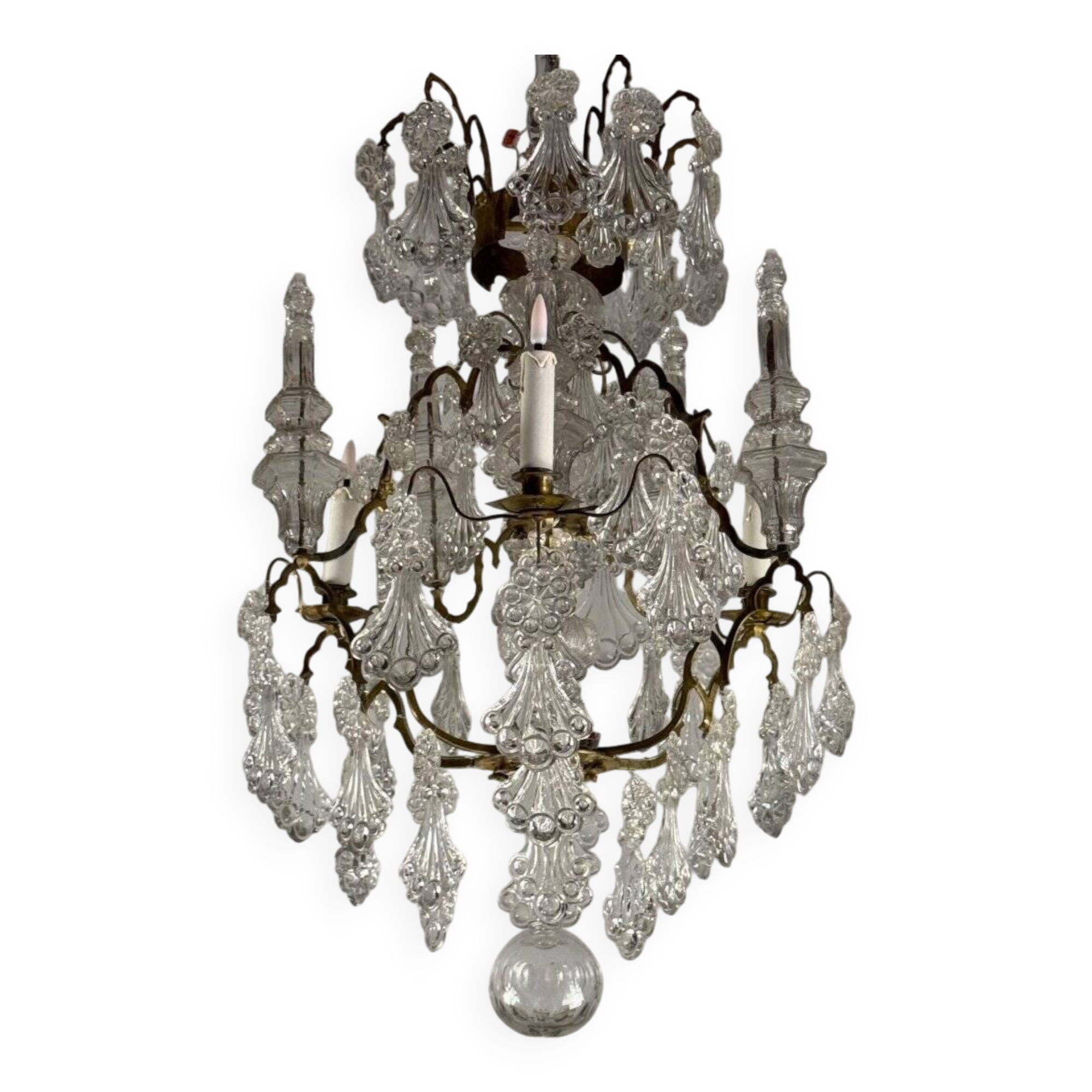 Cage chandelier, molded glass and bronze pendants, circa 1800