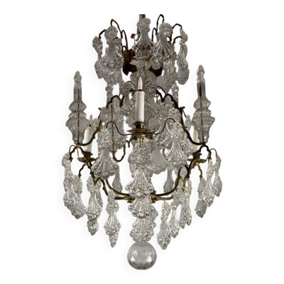 Lustre cage, pampilles en verre moulé et bronze, vers 1800