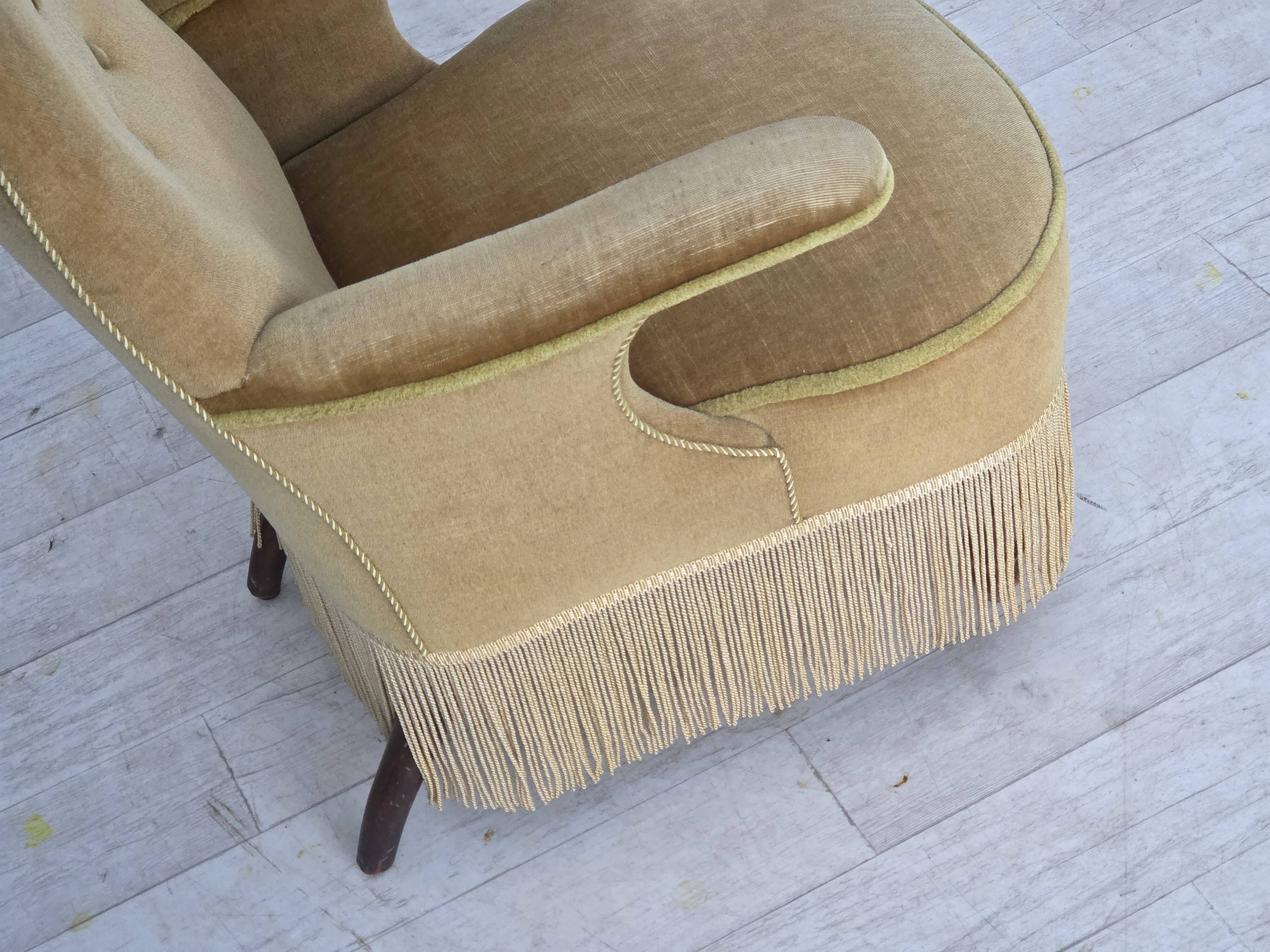 1950s, Danish armchair, furniture velour, ash wood legs.