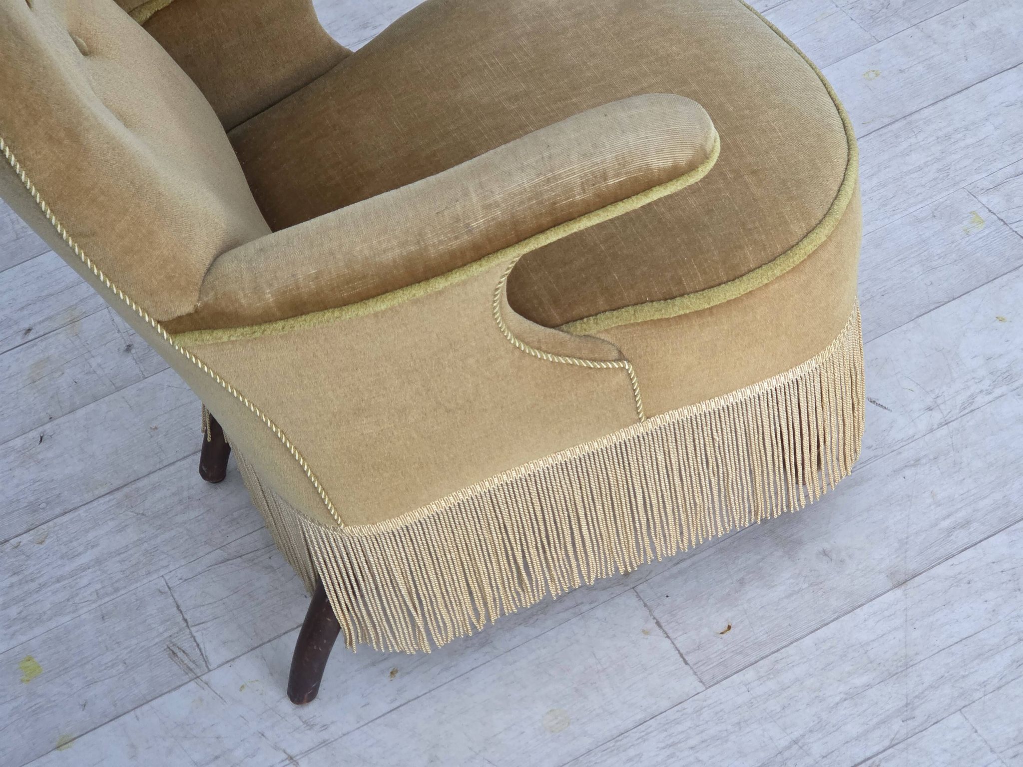 1950s, Danish armchair, furniture velour, ash wood legs.