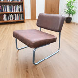 Vintage low cantilever armchair – Brown faux leather & tubular frame