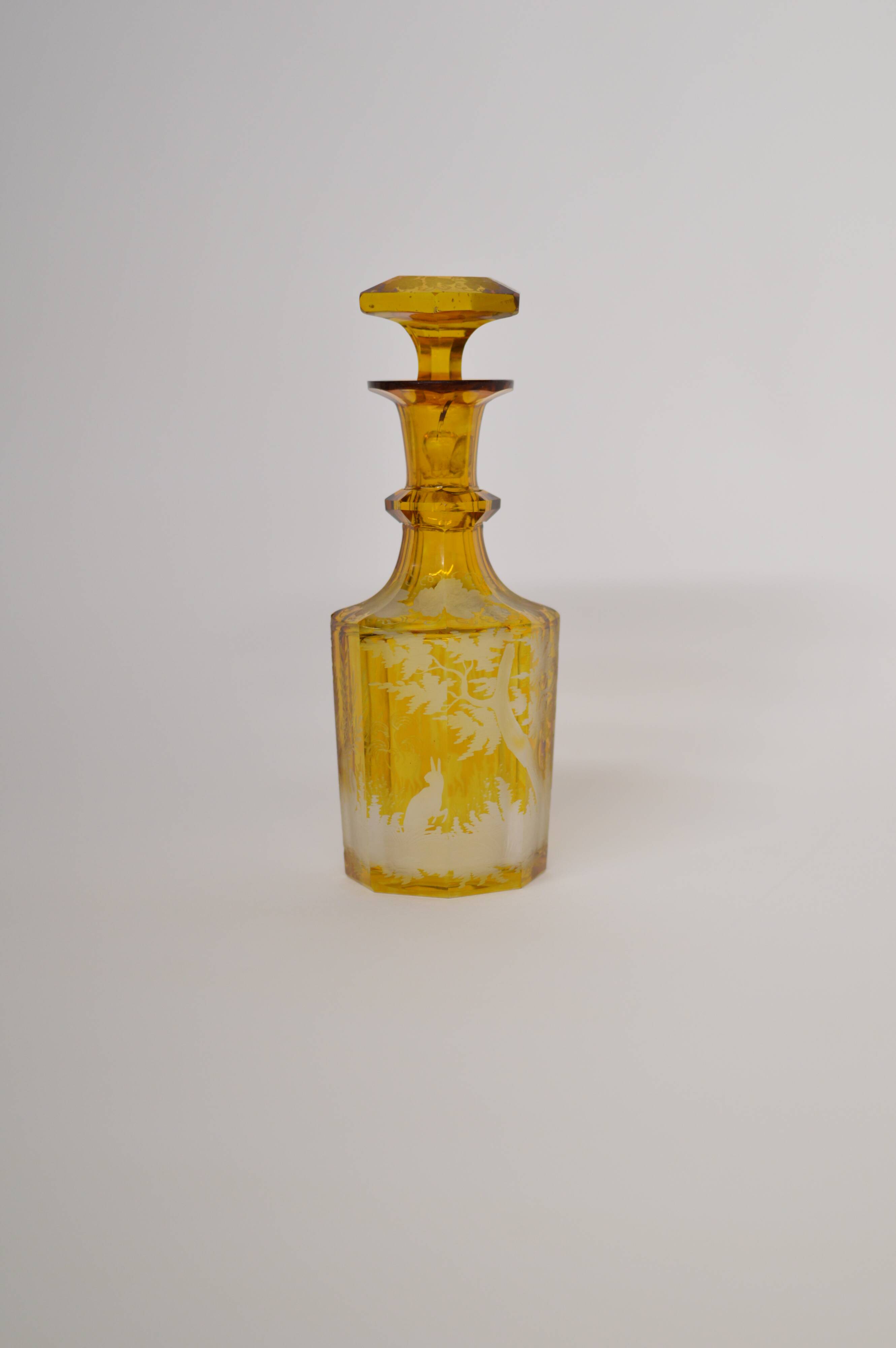 Bohemian glass carafe engraved amber colour