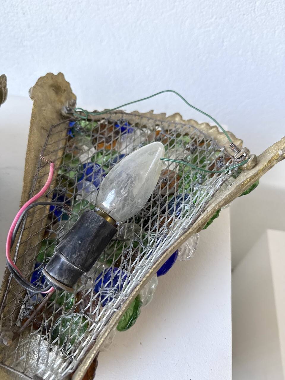 Pair of Art Nouveau bronze and Murano glass wall lights