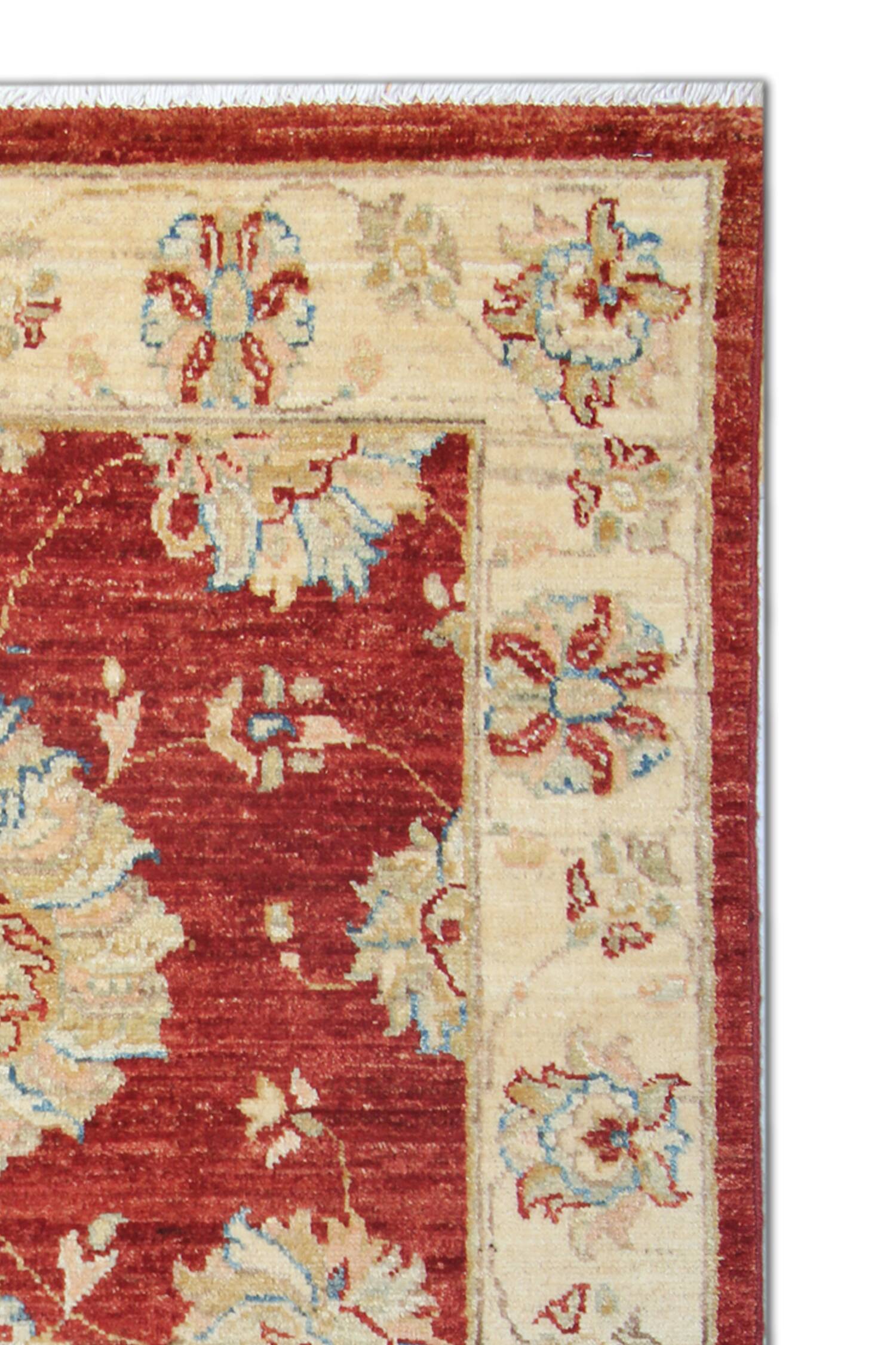 Red Gold Wool Rug, Handmade Floral Oriental Carpet 121x77cm Bedroom Decor
