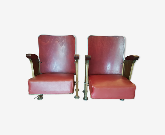 Lot de 2 fauteuils de cinéma vintage rouge en bois, fonte et skaï | Selency