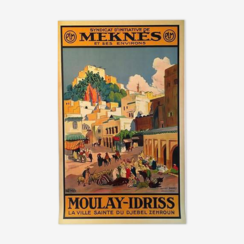 Affiche originale lithographique moulay idriss maroc entoilée