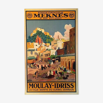 Original lithographic poster Moulay Idriss Morocco canvased