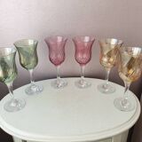 Set of 6 pastel colors 80s crystal wine glasses