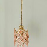 70s gold metal and pink tassel pendant light