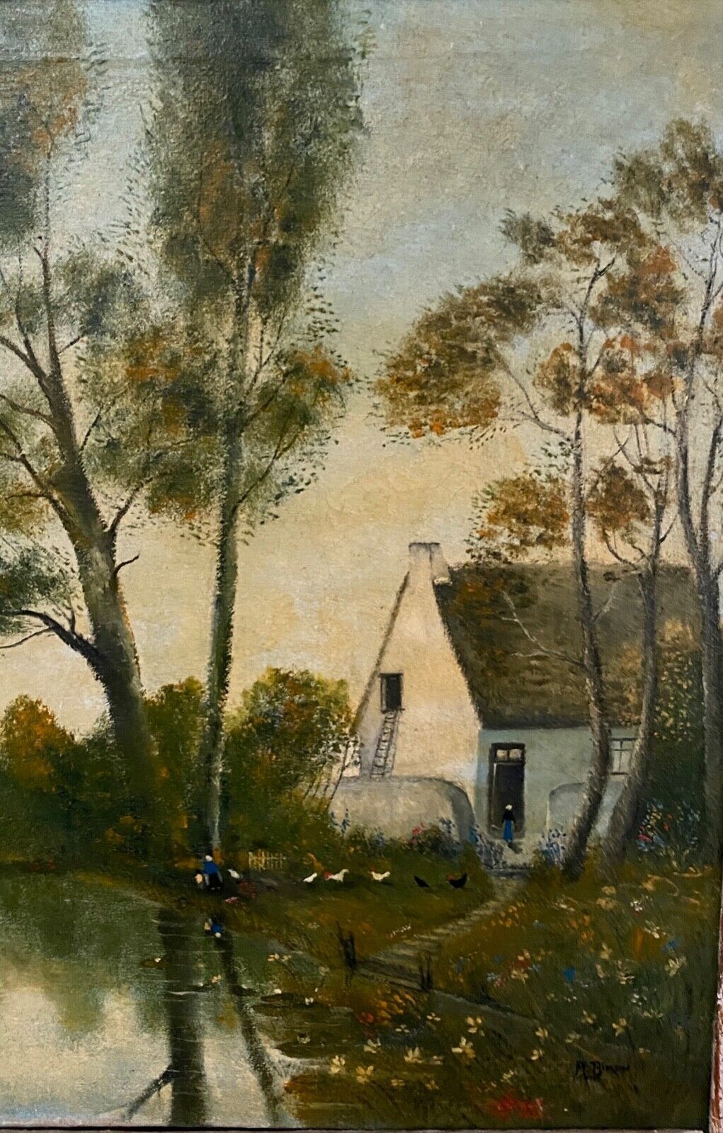 Oil on canvas by A. Biron XXth landscape by the river thatched cottage