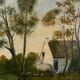 Oil on canvas by A. Biron XXth landscape by the river thatched cottage