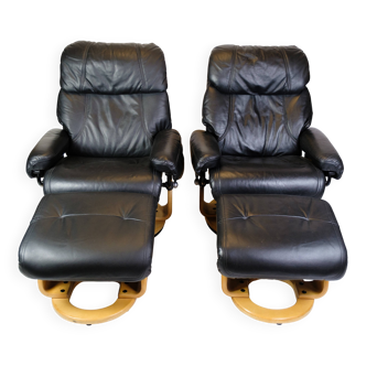 Set Of Two Lounge Chairs With Footstools, Scandinavian Design From 1980s