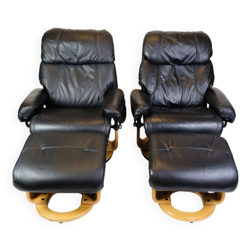 Set Of Two Lounge Chairs With Footstools, Scandinavian Design From 1980s