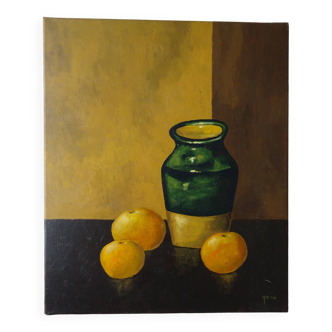 Tableau nature morte aux oranges et vase signé huile sur toile