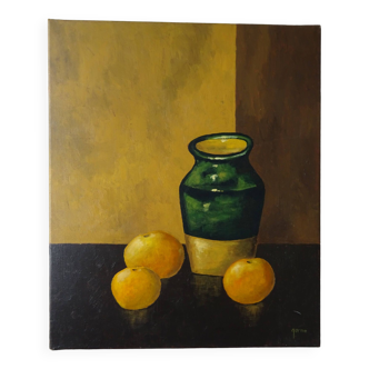 Still life painting with oranges and vase signed oil on canvas