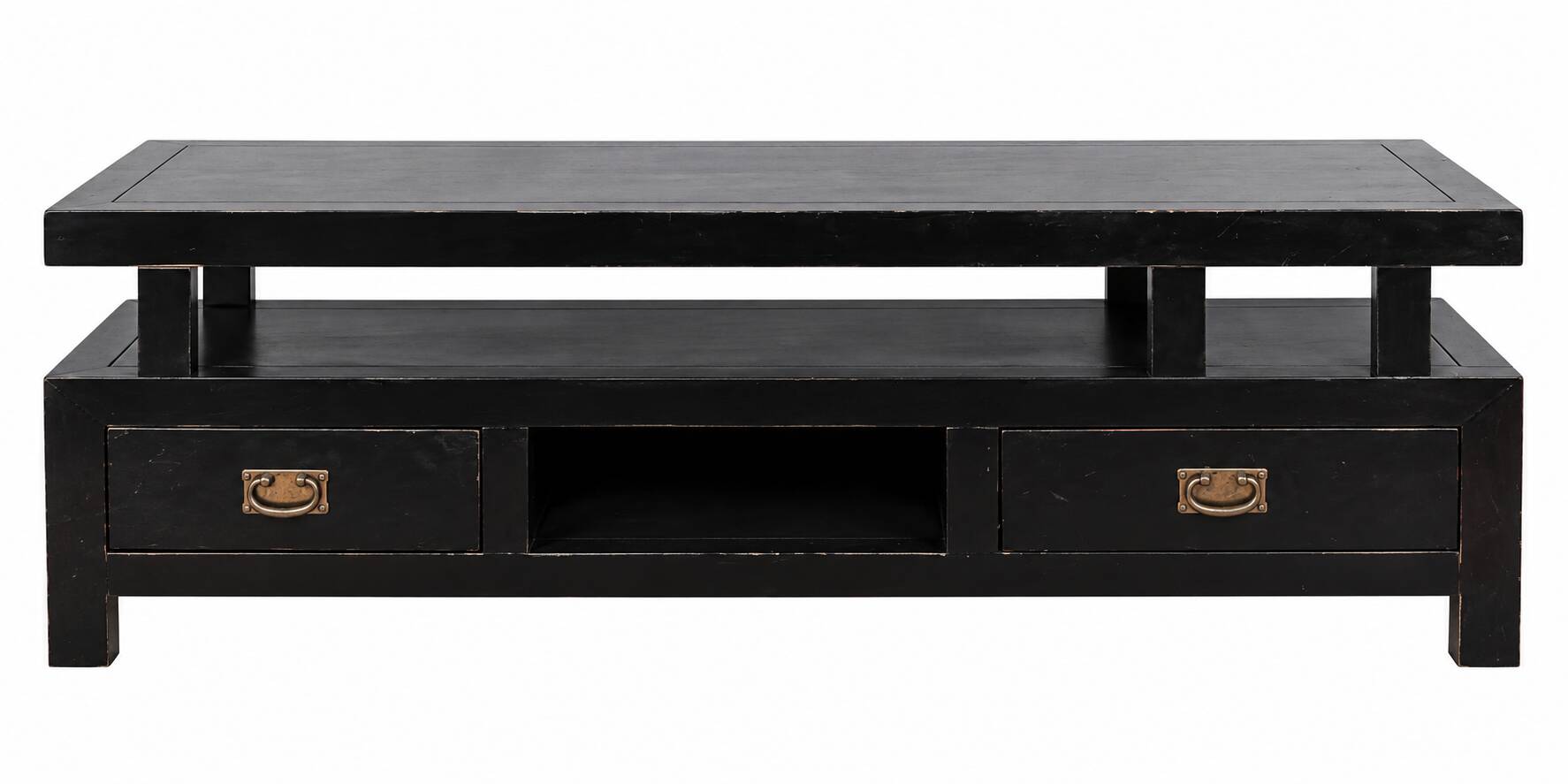 Black wooden TV unit – Asian colonial style, 2 drawers